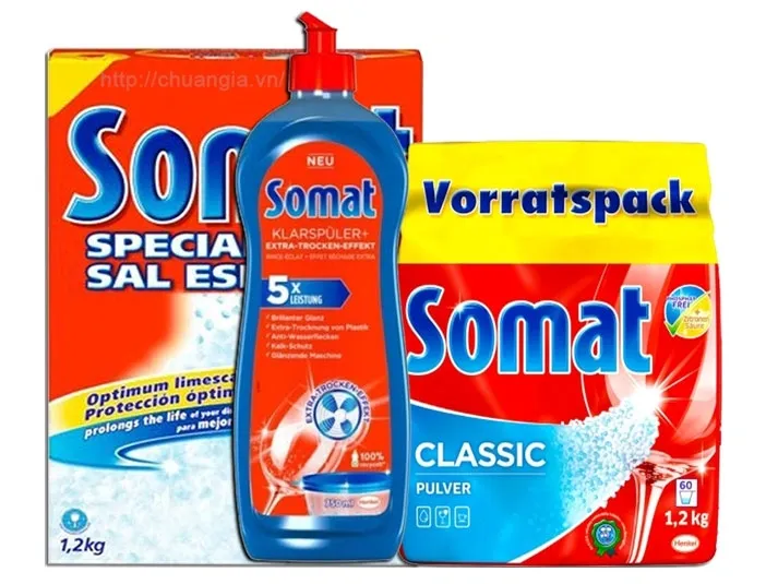 Bộ 3 món gồm bột, muối, nước làm bóng Somat chuyên dụng cho máy rửa chén bát