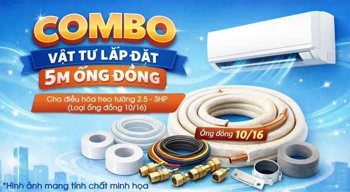 Combo vật tư lắp đặt 5m ống đồng cho điều hòa treo tường 2.5-3HP (Ống đồng 10/16) - Miền Nam