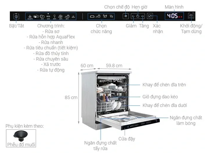 Máy rửa bát độc lập 15 bộ inverter có sấy Beko DEN48520X (8 chương trình rửa)