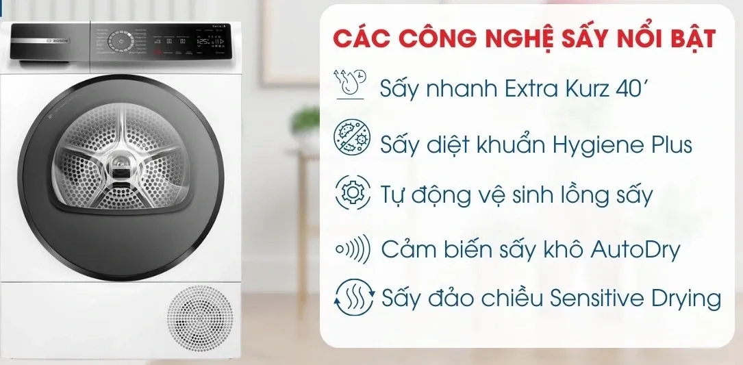 Máy sấy quần áo bơm nhiệt 9kg Bosch WQB245B40 Series 8