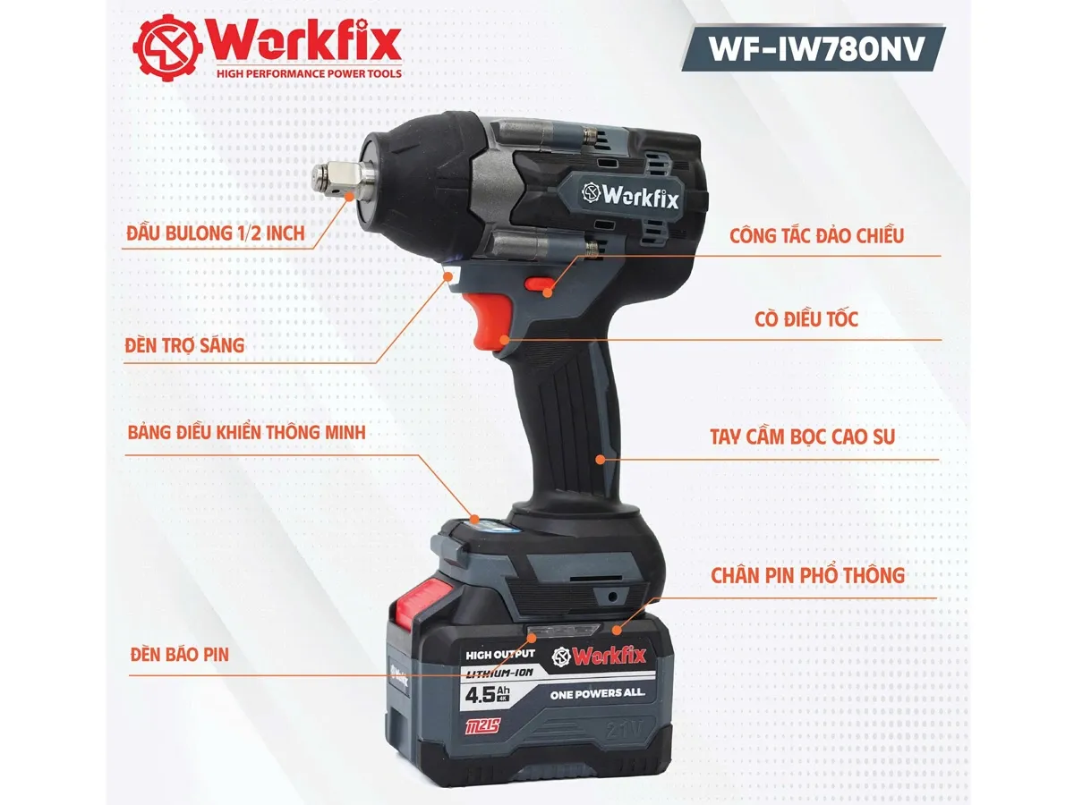 Máy siết bu lông dùng pin Workfix WF-IW780NV (2 pin, 1 sạc)