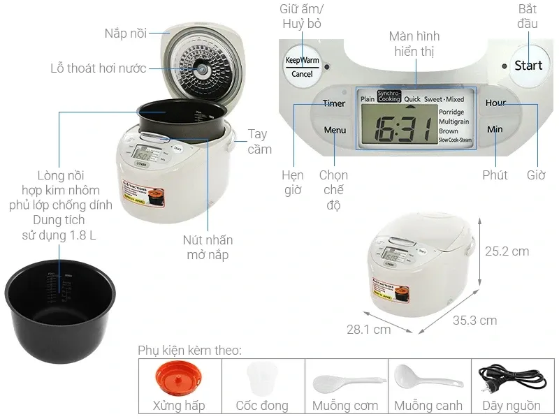 Nồi cơm điện tử Tiger JAX-S18W - 1.8 lít