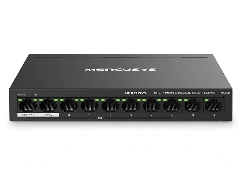 Switch chia mạng Mercusys MS110P (10 cổng 10/100Mbps với 8 cổng PoE+, vỏ kim loại)