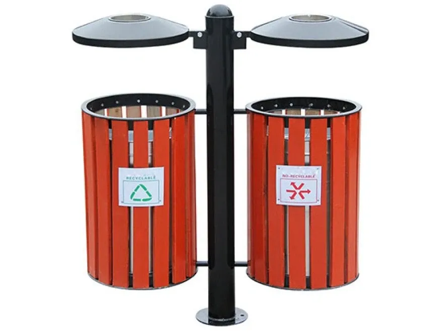 Thùng rác giả gỗ treo đôi ngoài trời có gạt tàn (HTSOD-07)